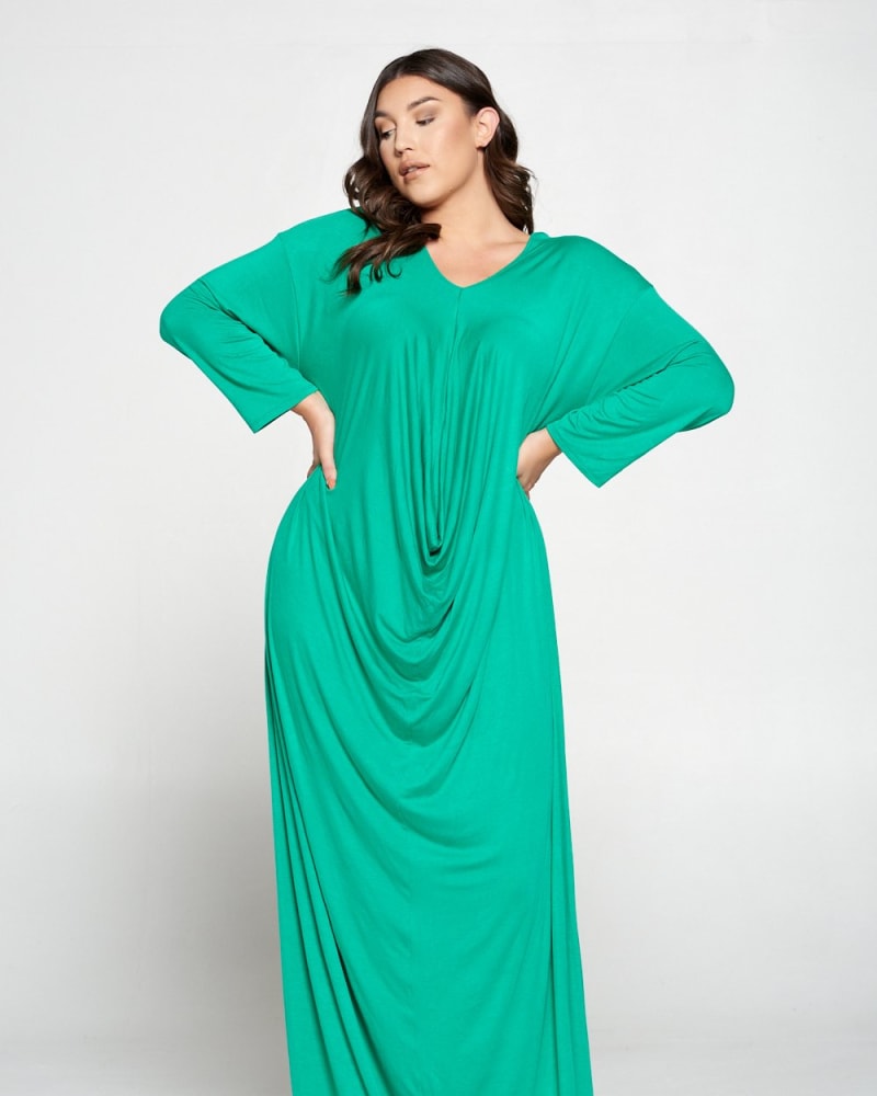 Front of a model wearing a size 1X Lily Draped Contemporary Dress in Palm Green by L I V D. | dia_product_style_image_id:240671